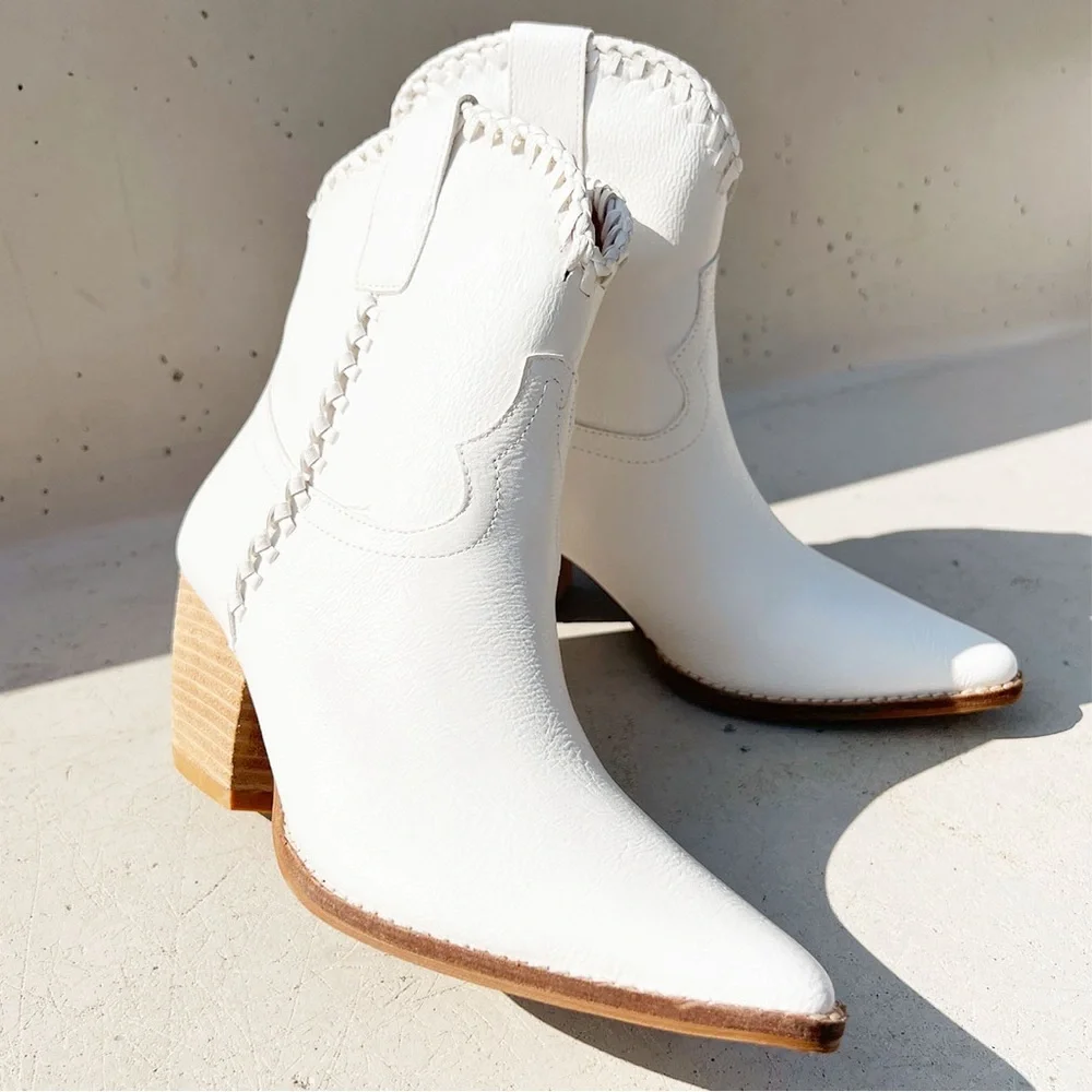 NEW Western Cowboy Whipstitched Ankle Boots
Pointy Toe Block Heel Distress White - Picture 9 of 16